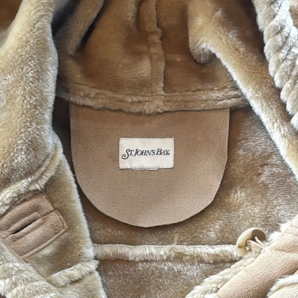 Women’s Vintage St John’s Bay Tan Faux Suede Hooded Coat Faux Fur Lined Size L
